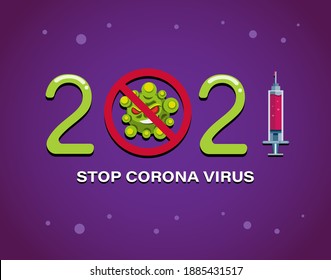 2021 stop corona virus with vaccine syringe concept in cartoon illustration template vector