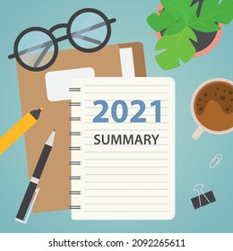 2021 summary written in spiral note, flat lay composition- vector illustration