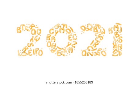2021 template background with cookies by gingerbread cracker. Sweet isolated vector letter New Year. Cartoon food typography. Vector illustration 