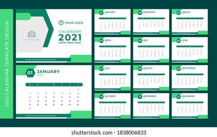 2021 Template Calendar Design Vector, Set Desk Calendar, Week Starts on Sunday, Set of 12 Months 