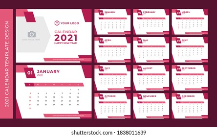 2021 Template Calendar Design Vector, Set Desk Calendar, Week Starts on Sunday, Set of 12 Months 