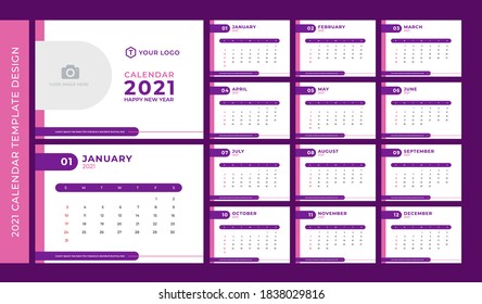 2021 Template Calendar Design Vector, Set Desk Calendar, Week Starts on Sunday, Set of 12 Months 