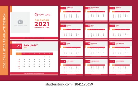 Vector de diseño de calendario de plantillas de 2021, calendario de escritorio, la semana comienza el domingo, conjunto de 12 meses 