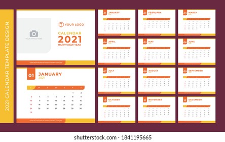 2021 Template Calendar Design Vector, Set Desk Calendar, Week Starts on Sunday, Set of 12 Months 