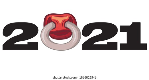 2021 text with bull nose. Image of a bull with a nose ring and the inscription 2021. Symbol of the year according to the Chinese lunar calendar. Nose of a bull with a nose ring 2021. A symbol of New Year 