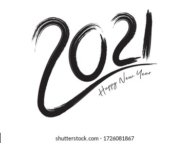 2021 text design Black color, Collection of Happy New Year and happy holidays, lettering design element, handwritten isolated on white background. Calendar 2021, Paintbrush stroke.
