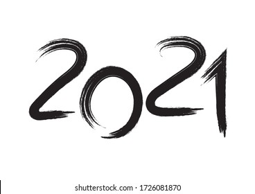 2021 Text Design Black Color, Collection Of Happy New Year And Happy Holidays, Lettering Design Element, Handwritten Isolated On White Background. Calendar 2021, Paintbrush Stroke.
