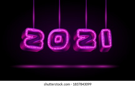2021 text design with neon retro light bulbs. Happy New Year 3D Violet text is suspended on threads. Neon style vector illustration.