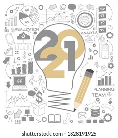 Diseño de texto 2021 sobre la estrategia de éxito empresarial creativa. Concepto diseño moderno de plantillas ю texto de 2021 rodeado de iconos de doodle
