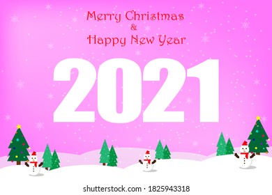 2021 text and Merry Christmas and Happy new year on pink background. With the white snowflakes, snowman and pine Christmas tree. Holiday and celebration concept.