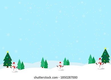 2021 text and Merry Christmas and Happy new year on blue background. With the white snowflakes, snowman and pine Christmas tree. Holiday and celebration concept.