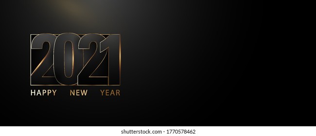 The 2021 text is pressed into the lamp frame. Happy new year in gold letters on a black background. Numbers of the 2021 logo on a black background. Vector