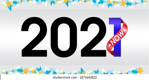 2021 text with red ribbon. Vector illustration on soft gray background.  Blue colored ne year number in red ribbon.