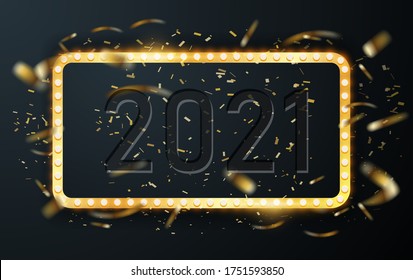 2021 text is squeezed out in the lamp frame. Confetti fireworks on a black background. 2021 logo numbers on black background. Vector