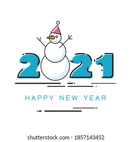 2021. Thin art, concept the new year 2020 banner. Blue and white numbers design. Linear picture, pattern, snowman. Festive poster on a white background. Christmas Elements for calendar, greeting cards