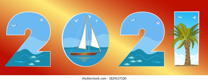 2021  tourism concept; water, beach, palm tree and blue sky.