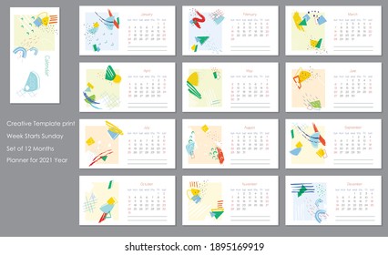 2021 trendy calendar design. Editable calender page template.Abstract artistic vector illustration.Cute printable creative template with geometric elements