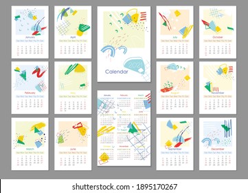 2021 trendy calendar design. Editable calender page template.Abstract artistic vector illustration.Cute printable creative template with geometric elements