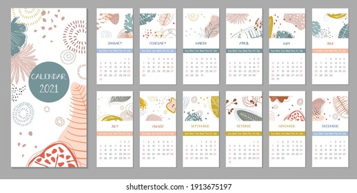 2021 trendy calendar design. Set of 12 months. Week starts on Sunday.Editable calender page template format.Abstract artistic vector illustration.Cute printable template with geometric elements