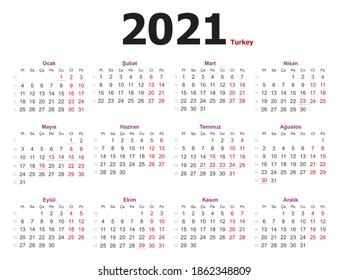 2021 Turkey Calendar. Calendar application on a white background