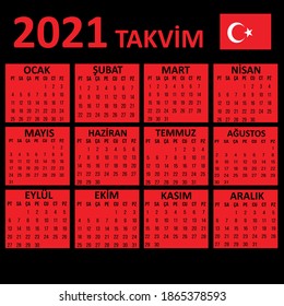 2021 Turkish Language Calendar Template Minimalist Stock Vector ...