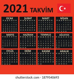 2021 Turkish language calendar template. minimalist calendar for Turkey. Calendar design in black and red colors. Week starts from Monday.