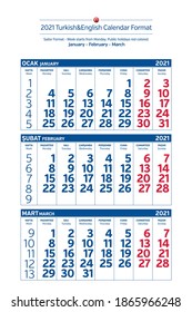 2021 Türkisch-Englisch Sailor Kalender Format. Die Woche beginnt am Montag. Feiertage rot. Vektorgrafik.