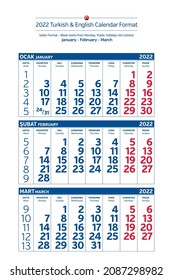 2021 Turkish-English Sailor Calendar Format. Week starts from Monday. Public holidays red colored. Vector Illustration.