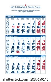 2021 Turkish-English Sailor Calendar Format. Week starts from Monday. Public holidays red colored. Vector Illustration.