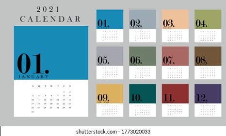 2021 Twelve months new year calendar for wall and desk