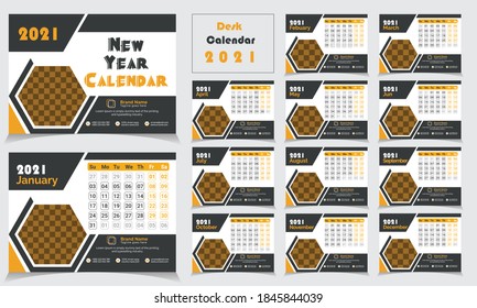 2021 unique Desk calendar design template. Modern and innovative New year Calendar, 12 Months Set, 13 Page Calendar, vector illustration template design, infographic, annual report.