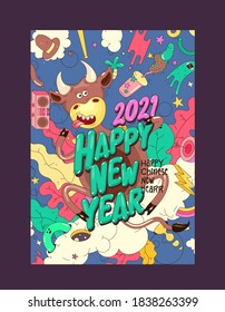 2021. Ilustración abstracta vectorial. Ilustración al estilo doodle. Toro, texto de Año Nuevo y elementos en el fondo.