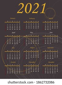 2021 vector calendar template. Elements for your work. Design layout with 12 months calendar. Eps10