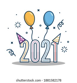 Ilustración vectorial 2021 con diseño de estilo plano. Vector 2021 con globo y sombreros.