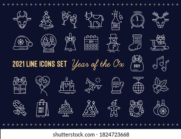 2021 vector set of icons for New year and Christmas. Chinese year of the Ox. Outline silhouette is white on a blue background. Bull, deer, champagne, candles, gift and sale.