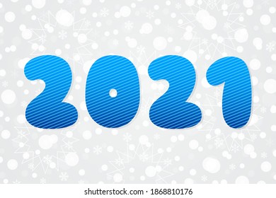 Símbolo vectorial rayado 2021. Feliz Año Nuevo. Icono azul decorativo sobre fondo navideño con copos de nieve, estrellas para vacaciones de invierno, decoración, web, diseño