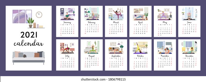 2021 vertical calendar. Women doing yoga at home. Picture for each month. Flat illustrations