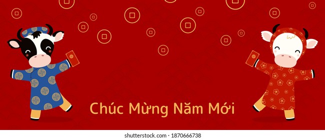 Ilustración del New Year Tet vietnamita 2021, lindo búfalo chico, chica en ao dai, sobre rojo, texto vietnamita Feliz Año Nuevo. Vector dibujado a mano. Diseño de estilo plano. Concepto tarjeta de vacaciones, afiche, cartel.