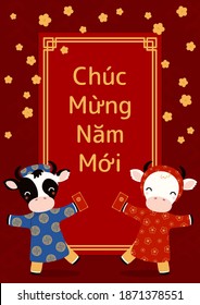 2021 Vietnamese New Year Tet illustration, cute buffalo in ao dai, red envelope, apricot flowers, Vietnamese text Happy New Year. Hand drawn vector. Flat style design. Concept holiday poster, banner.