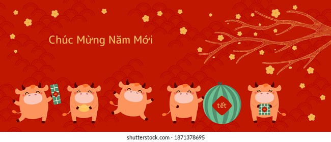 2021 Vietnamese New Year Tet illustration, cute buffalo, rice cakes, watermelon, gold, apricot flowers, Vietnamese text Happy New Year. Hand drawn vector. Flat design. Concept card, poster, banner.