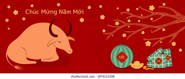 2021 Vietnamese New Year Tet illustration, buffalo, rice cakes, watermelon, gold, apricot flowers, Vietnamese text Happy New Year. Hand drawn vector. Flat style design. Concept card, poster, banner.