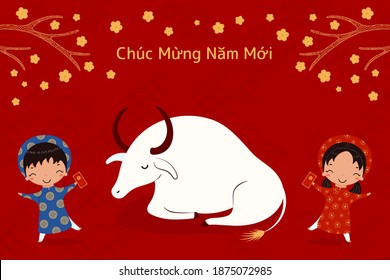 2021 Vietnamese New Year Tet illustration, buffalo, cute kids in ao dai, red envelope, apricot flowers, Vietnamese text Happy New Year. Hand drawn vector. Flat design. Concept card, poster, banner.