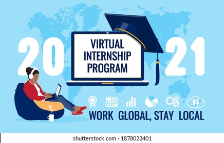 2021 Virtual Internship Program Screen, Student Remotely Working Online From Home On Laptop, Graduate Academic Traditional Cap, Icon, World Map Background. Work Global, Stay Local Quote. Vector Banner