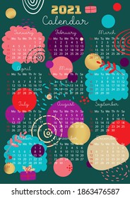 2021 Wall Calendar in abstract background. Printable Monthly calendar on Geometric pattern for office or home. Week is started from Sunday.  Format A4. 