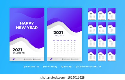 2021 Wall Calendar Design, Set Wall Calendar design with Place for Photo and Company Logo. All in One. Set of 12 Months Vector Template