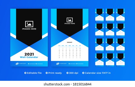 2021 Wall Calendar Design, Set Wall Calendar design with Place for Photo and Company Logo. All in One. Set of 12 Months Vector Template