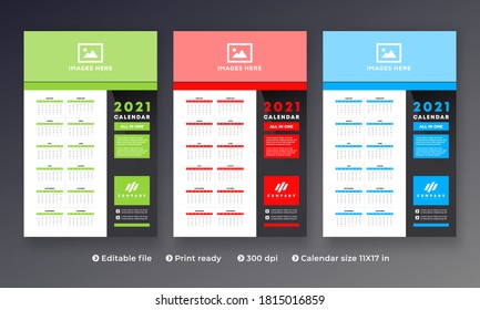 2021 Wall Calendar Design, Set Wall Calendar design with Place for Photo and Company Logo. All in One. Set of 12 Months Vector Template