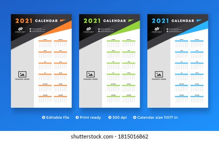 2021 Wall Calendar Design, Set Wall Calendar design with Place for Photo and Company Logo. All in One. Set of 12 Months Vector Template