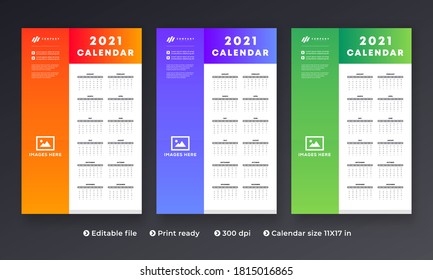 2021 Wall Calendar Design, Set Wall Calendar design with Place for Photo and Company Logo. All in One. Set of 12 Months Vector Template