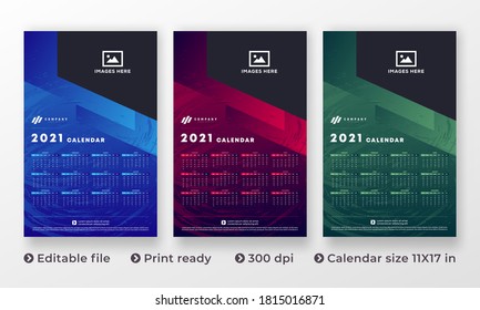 2021 Wall Calendar Design, Set Wall Calendar Design With Place For Photo And Company Logo. All In One. Set Of 12 Months Vector Template